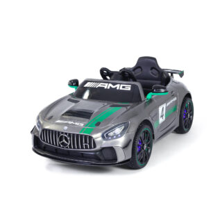 Coche para niños mercedes, color gris y verde con diseño deportivo y detalles de competicion