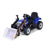 tractor de bateria para niños con pala color azul con detalles grises y amarillos asiento en color negro