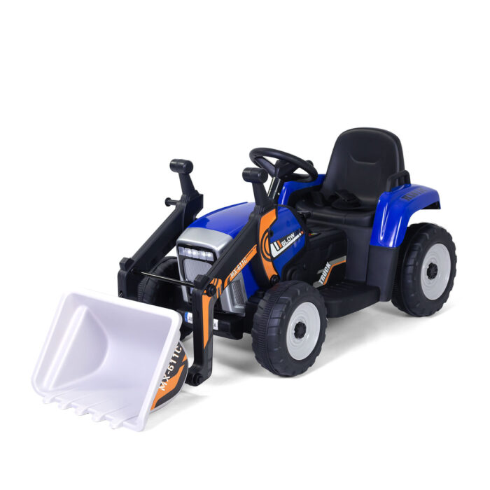 tractor de bateria para niños con pala color azul con detalles grises y amarillos asiento en color negro