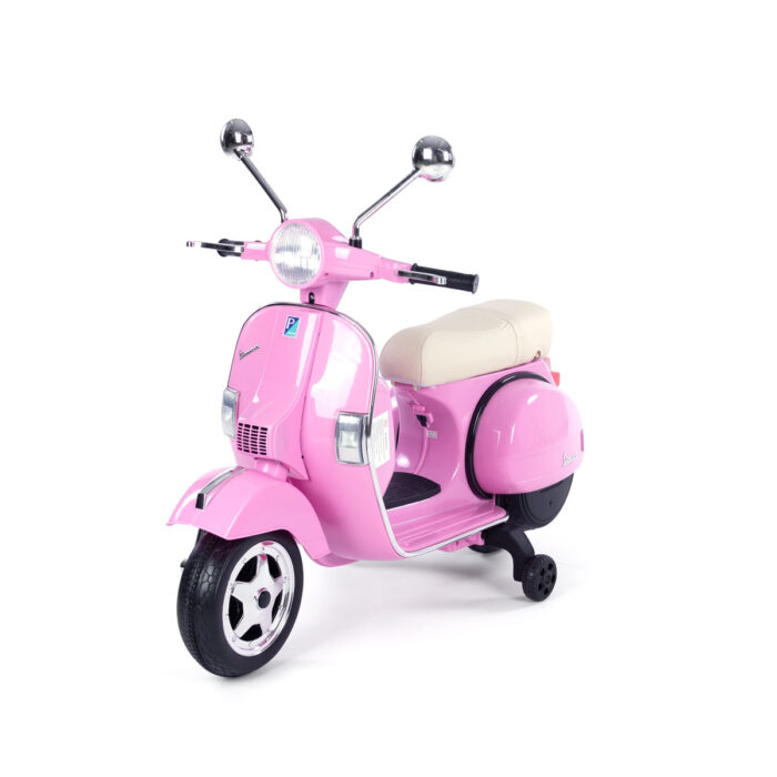 Moto Vespa niños Rosa clásica Piaggio 12V con llave y asiento de cuero